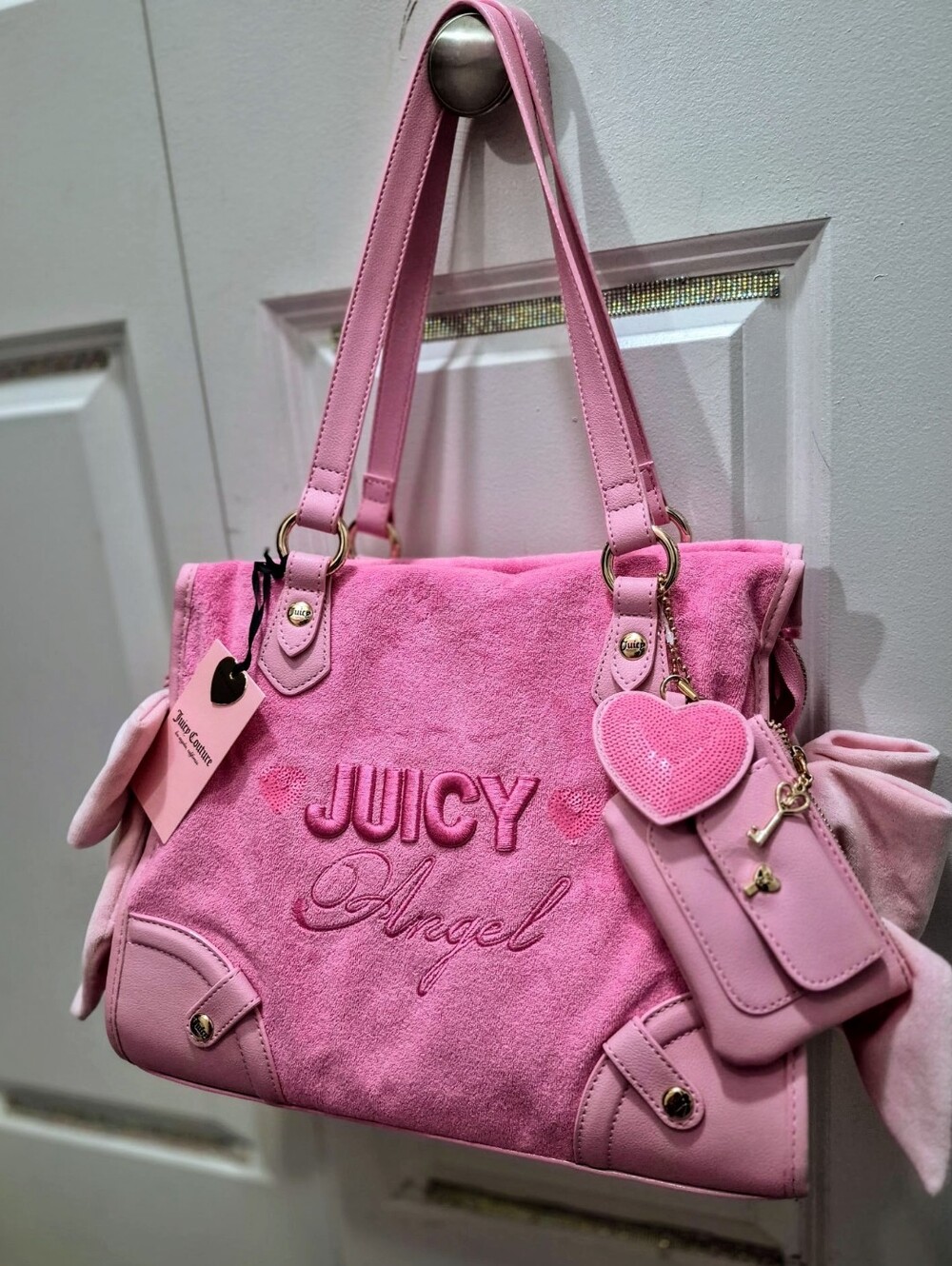 💘*Juicy Angel* Embroidered, Pink Sequins Velour Tote💕